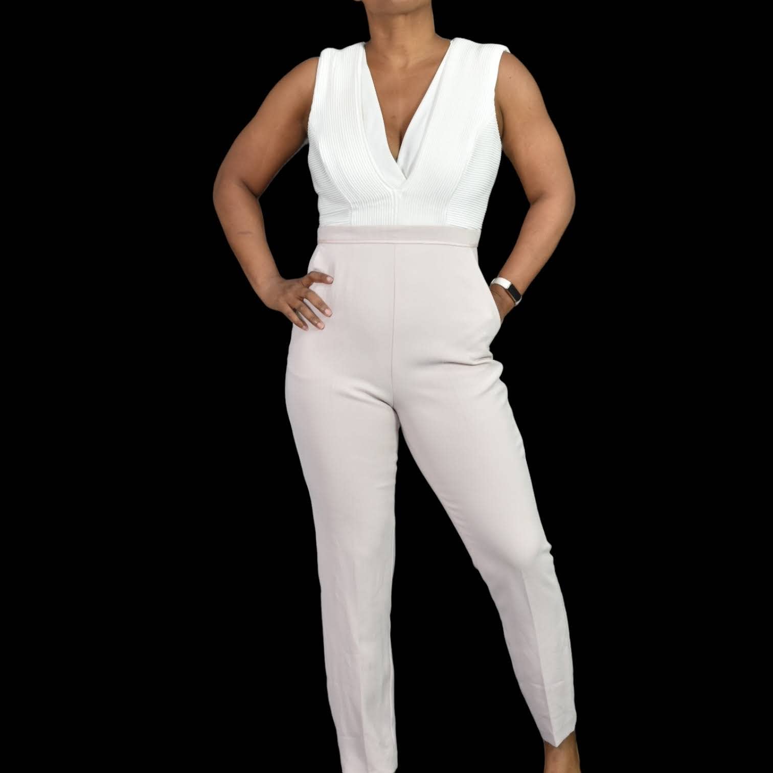 Reiss Elisa Jumpsuit Color Block Pleated White Beige Pantsuit Tapered Size 4
