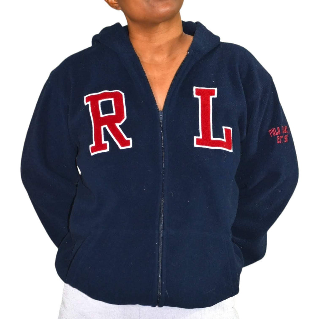 Polo Jeans Jacket Hoodie Vintage Ralph Lauren Zip Front Fleece Varsity Letterman Size XL 20 Boys