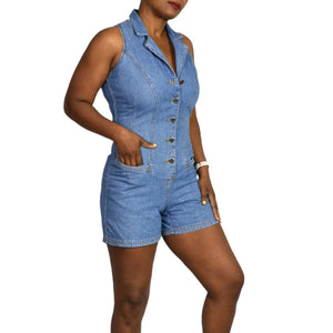 Vintage Denim Romper Jeans Playsuit Shorts Laced Back Cutout Blue Cotton Size XS