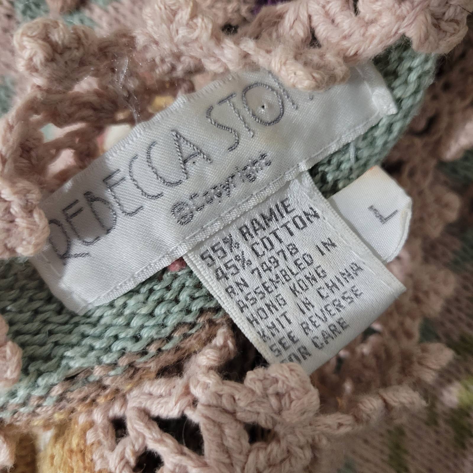 Vintage Rebecca Stone Fair Isle Sweater Pastel Crochet Ribbon Embroidery Grandma Size Large