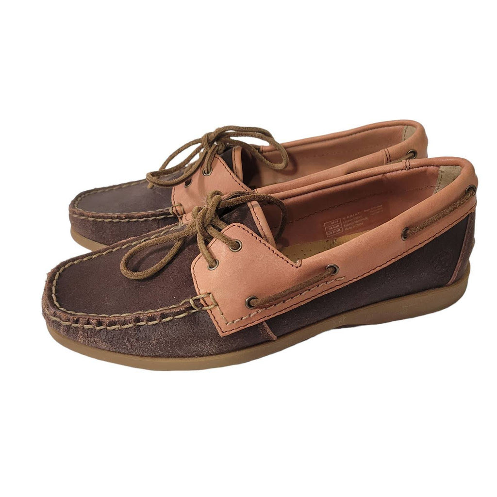 Ariat Boat Shoe Brown Yuma Lace Up Square Toe Deck Leather Moccasin Size 7