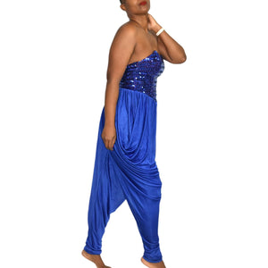 Vintage Sequin Harem Pant Jumpsuit Blue Strapless Sweetheart Draped Size Small