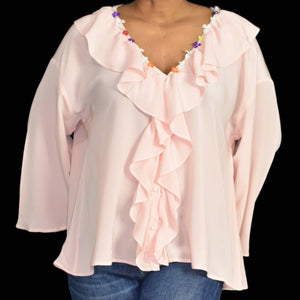 Paul and Joe Pink Silk Blouse Daisy Chain Ruffled Floral Poet Top Size Large