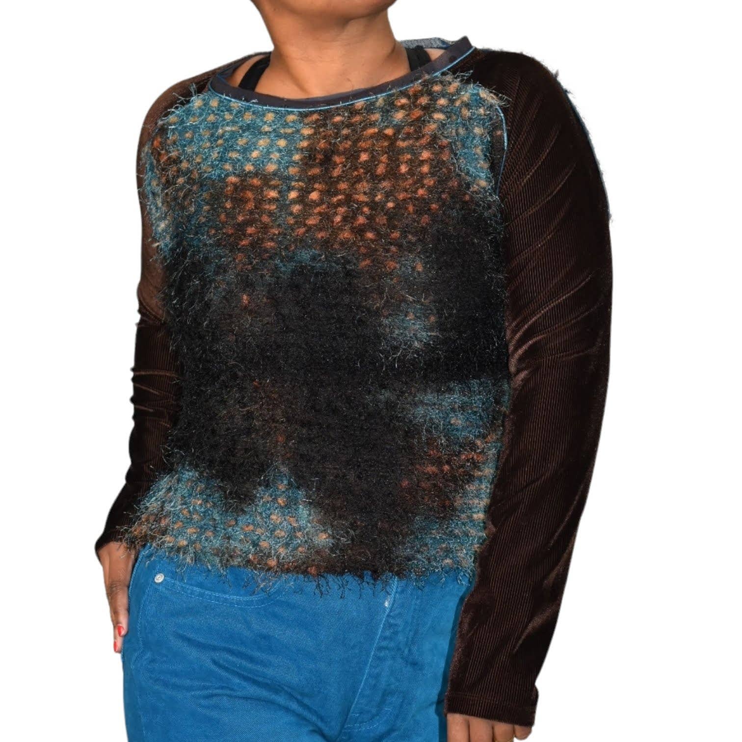 Anac Eyelash Mixed Media Sweater Top 90s Textured Brown Grunge Corduroy Size Medium
