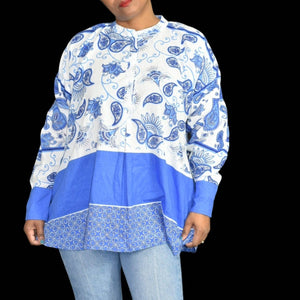 Ros Garden Jackson Top Blue Tunic Shirt Block Paisley Print Long Sleeve Size Small