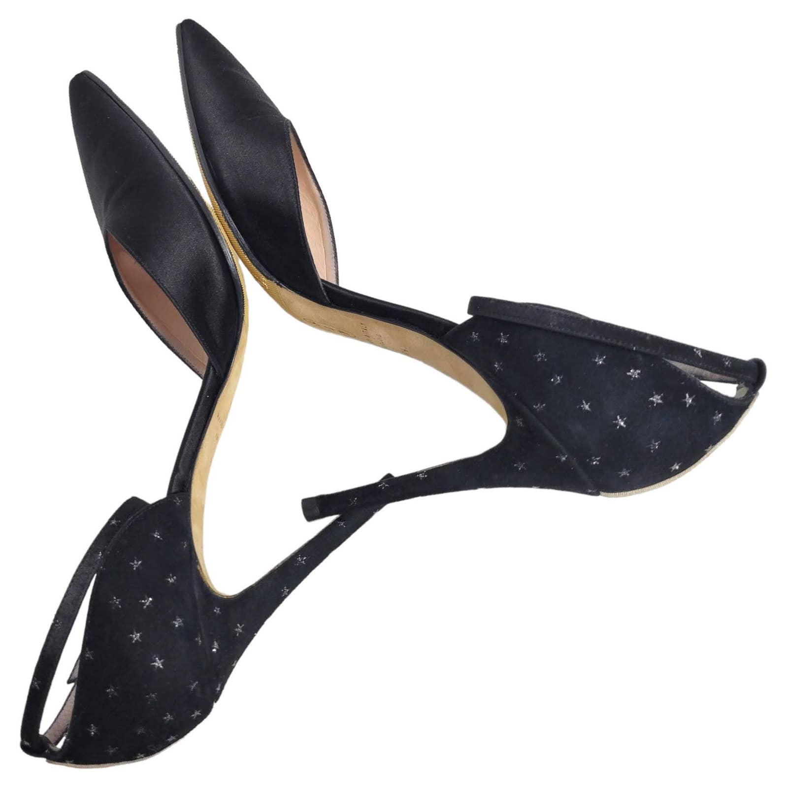 SJP Black Satin Pumps Heels Mixed Media Sarah Jessica Parker Stars Ankle Strap Stiletto Bella Galileo Size 39.5 9.5