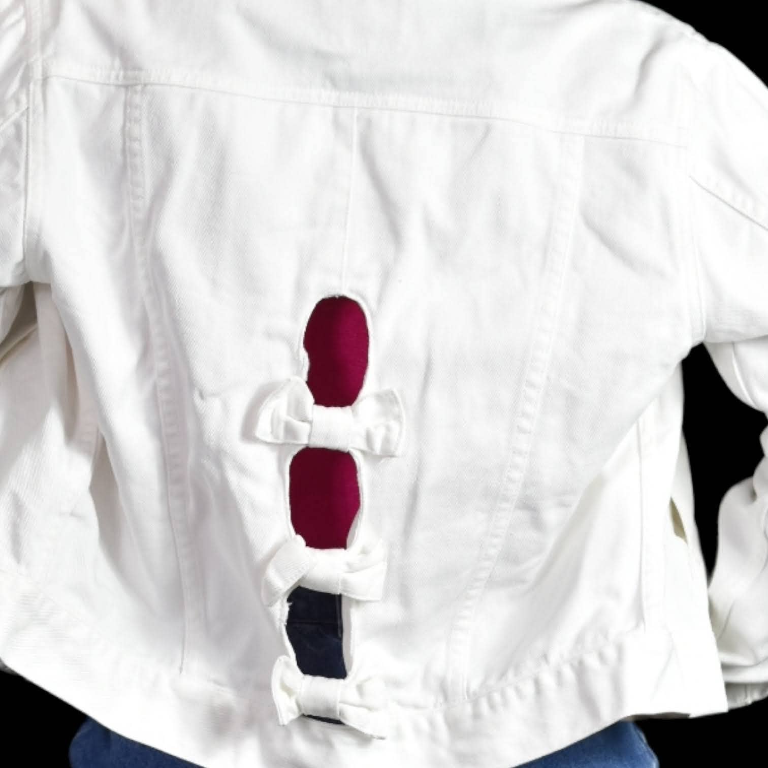Vintage White Jean Jacket Denim Trucker Bows Cutouts Cotton Amancio Size Small