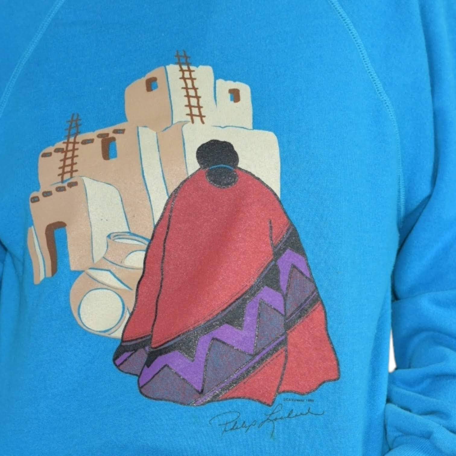 Vintage Hanes Graphic Sweatshirt Philip Lockard Art Painting Turquoise Blue Size XL