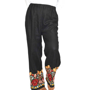 Black Embroidery Hem Pants Linen Elastic High Waisted Straight Leg Size Medium