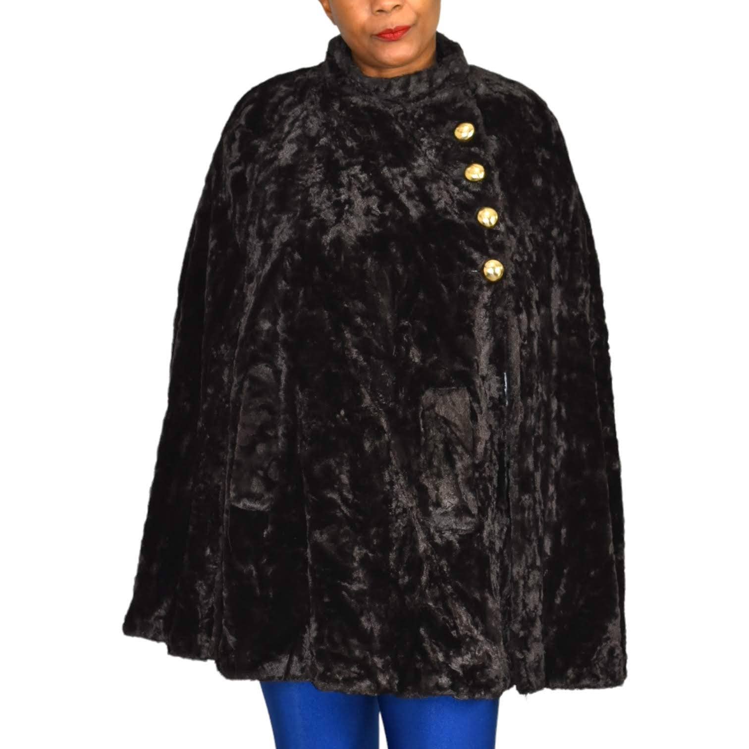 Vintage Faux Fur Cape Synthetic Dark Brown Crushed Velvet Pockets ILGWU Size Small
