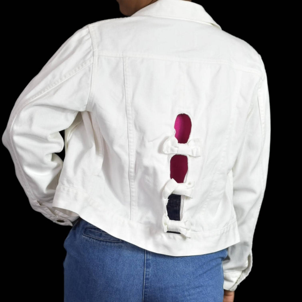 Vintage White Jean Jacket Denim Trucker Bows Cutouts Cotton Amancio Size Small
