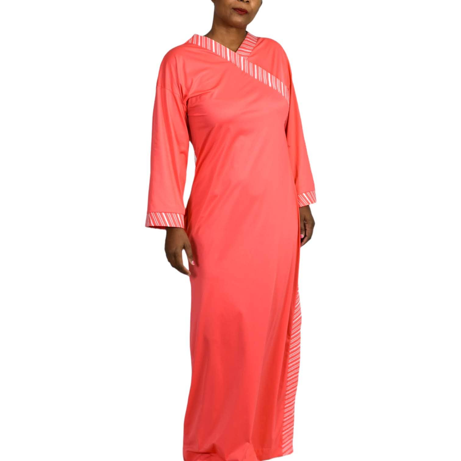 Vintage Vanity Fair Caftan Lounger Coral Pink Nylon Silky Side Slit Size Small