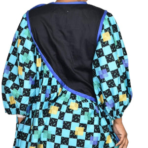 Vintage 80s Maxi Dress Geo Print Blue Checkerboard Tent Caftan Muumuu Size Large
