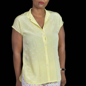Vintage Hanae Mori Yellow Blouse Silky Shirt Button Front Cap Sleeve Top Size XS