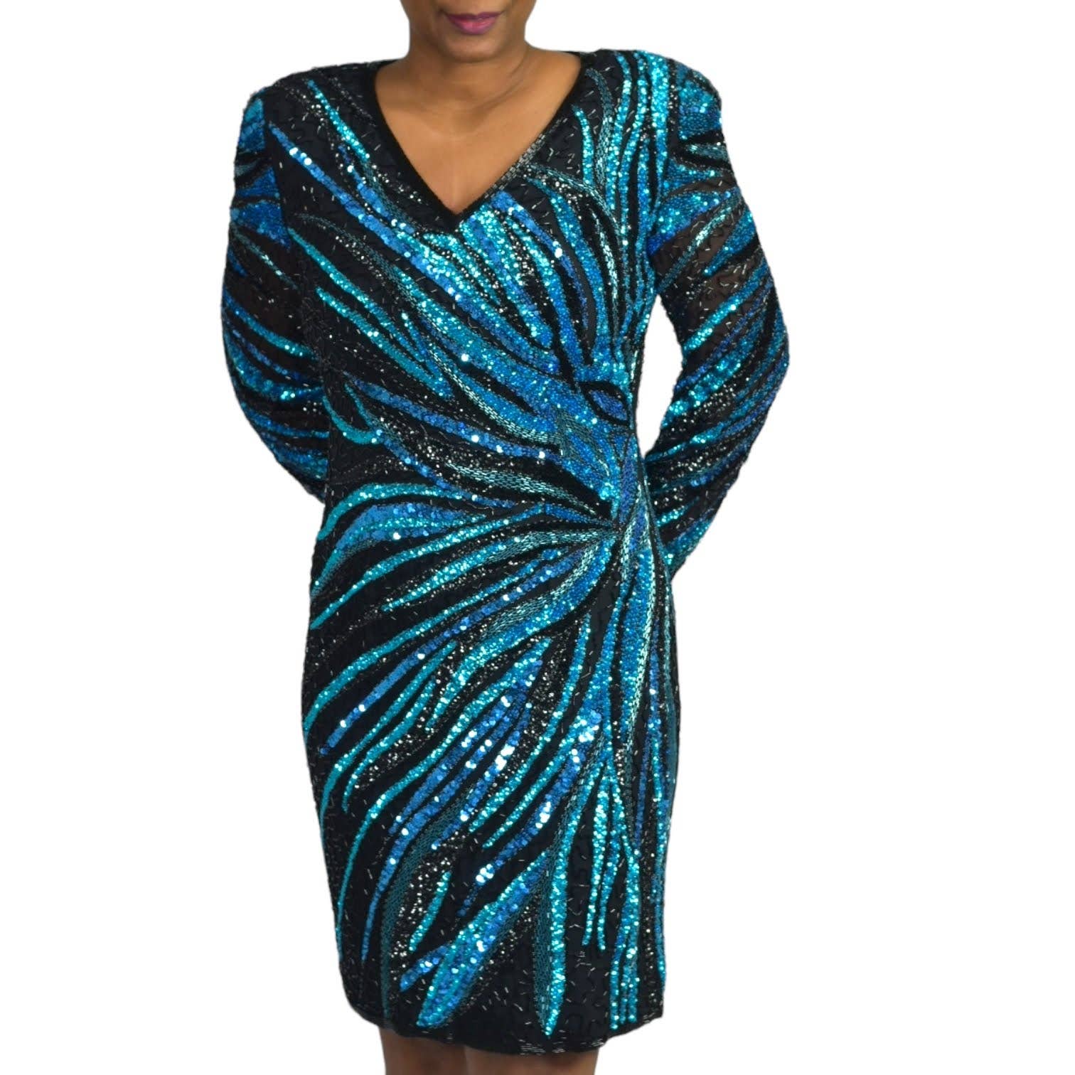 Vintage Sequin Dress Joan Leslie Evening Wear Party Beaded Silk Sheath Size 8