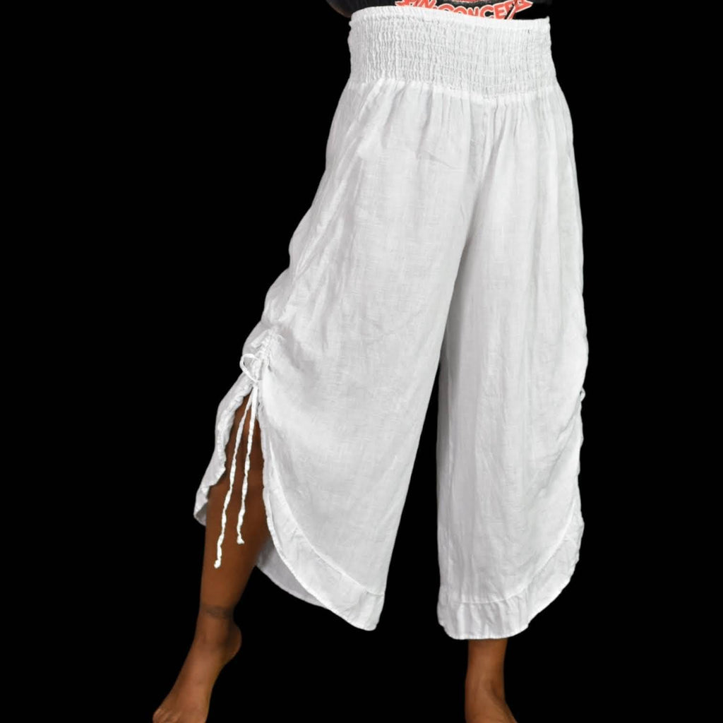 Match Point White Linen Pants Bloomers Side Drawstring Elastic Waist Size Medium