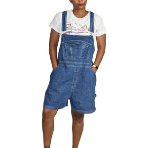 Vintage Bib Overalls Shorts Shortalls Blue Medium Wash Carpenter Plus Size 18W