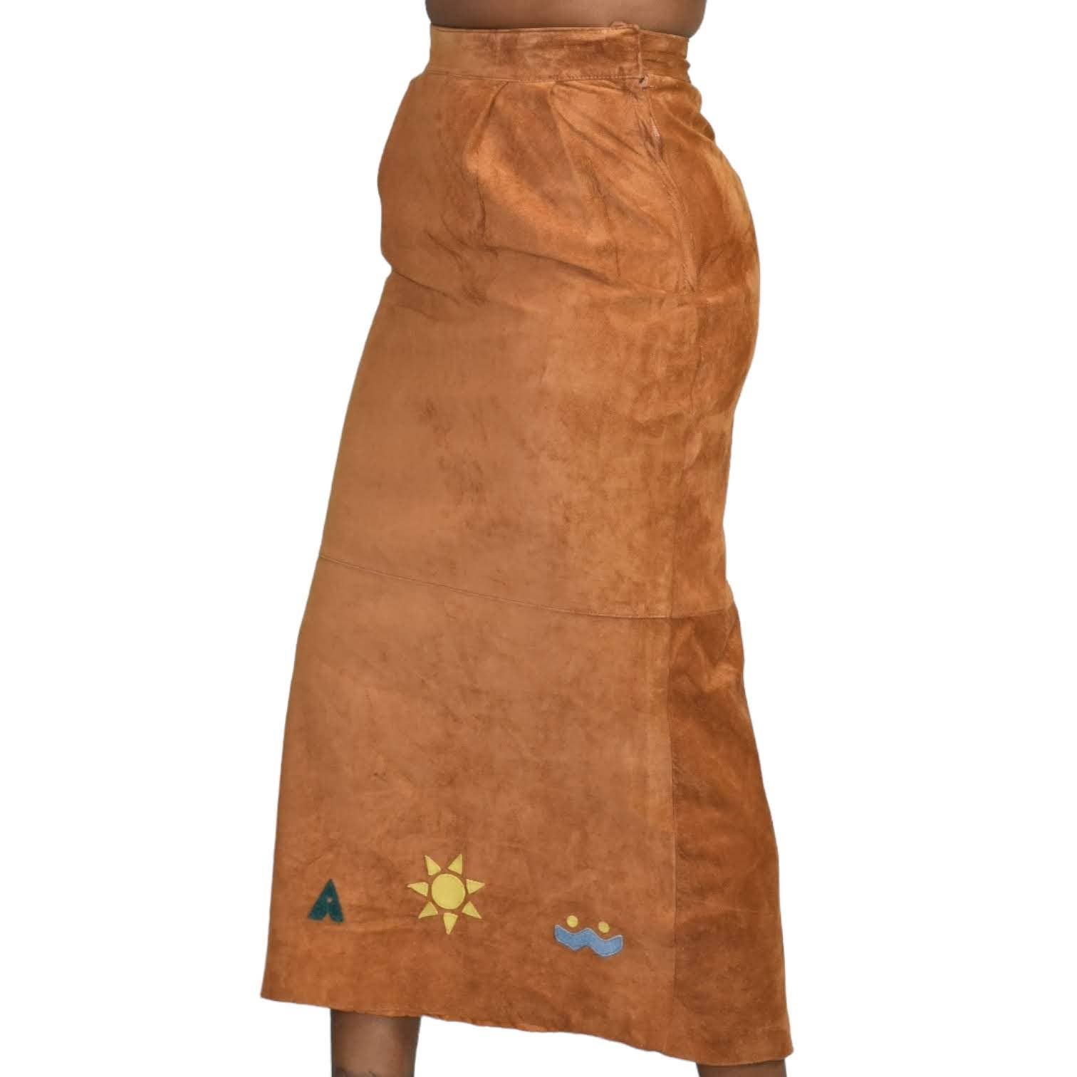 Eagles Eye Suede Skirt Embroidered Vintage Straight Column Midi Tribal Leather Brown Camel Size 2 XS