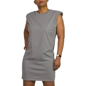 Babaton Shoulder Pad Dress Pewter Grey Crew Neck Mini Boxy Waif T-Shirt Size XXS