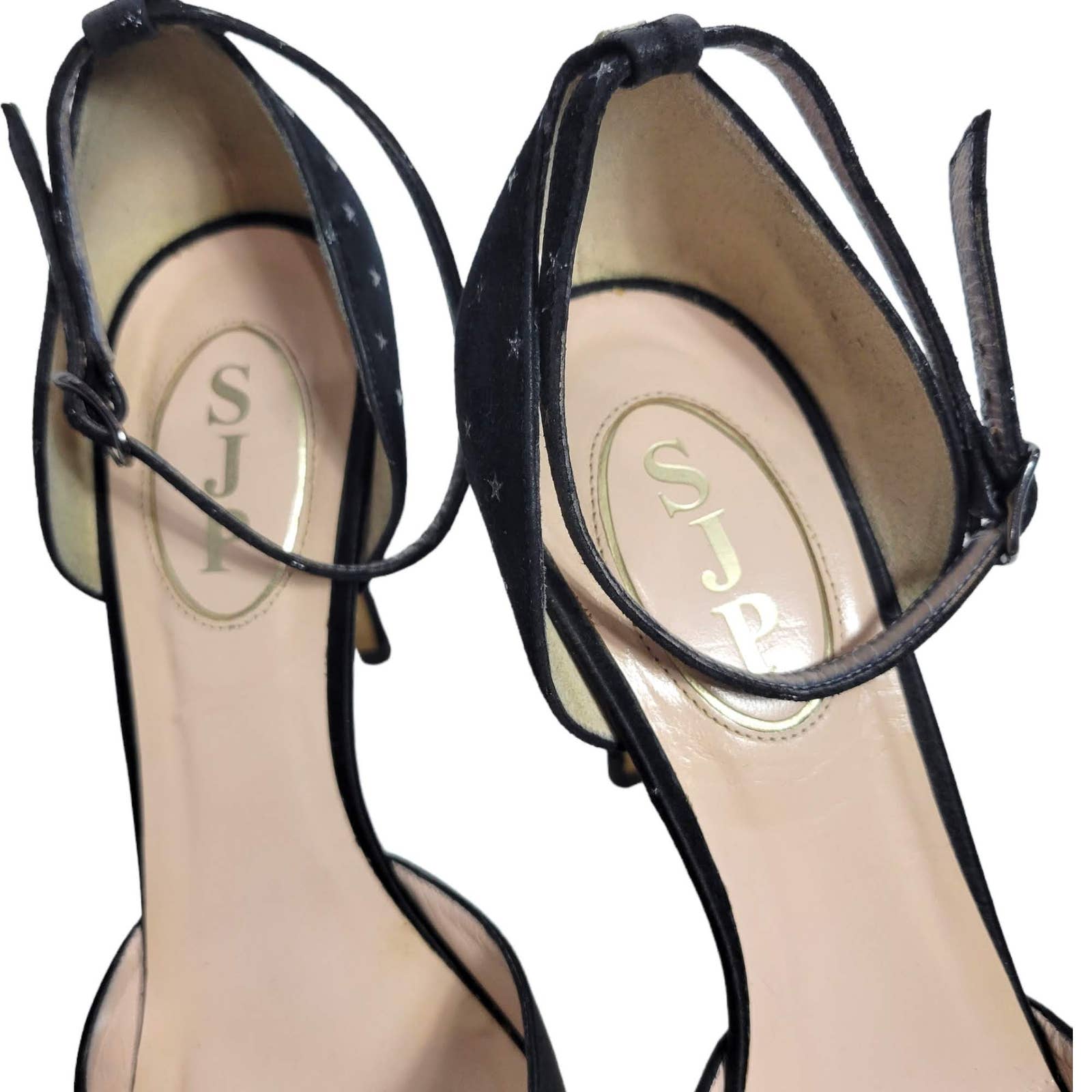 SJP Black Satin Pumps Heels Mixed Media Sarah Jessica Parker Stars Ankle Strap Stiletto Bella Galileo Size 39.5 9.5