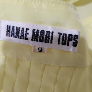 Vintage Hanae Mori Yellow Blouse Silky Shirt Button Front Cap Sleeve Top Size XS