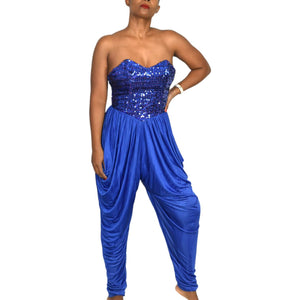 Vintage Sequin Harem Pant Jumpsuit Blue Strapless Sweetheart Draped Size Small