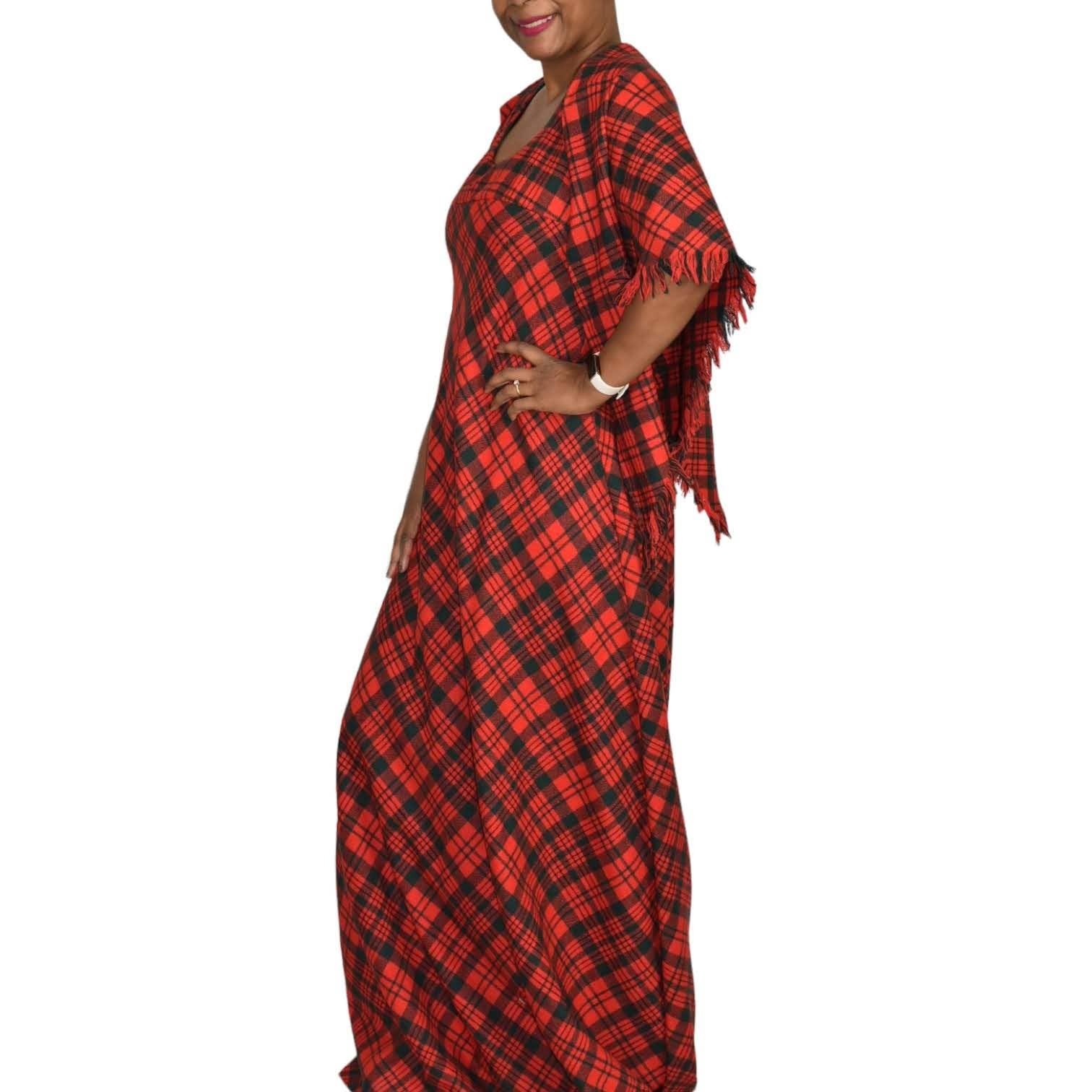 Vintage Tartan Maxi Dress Matching Shawl Red Wool Saba Plaid 70s Size Medium