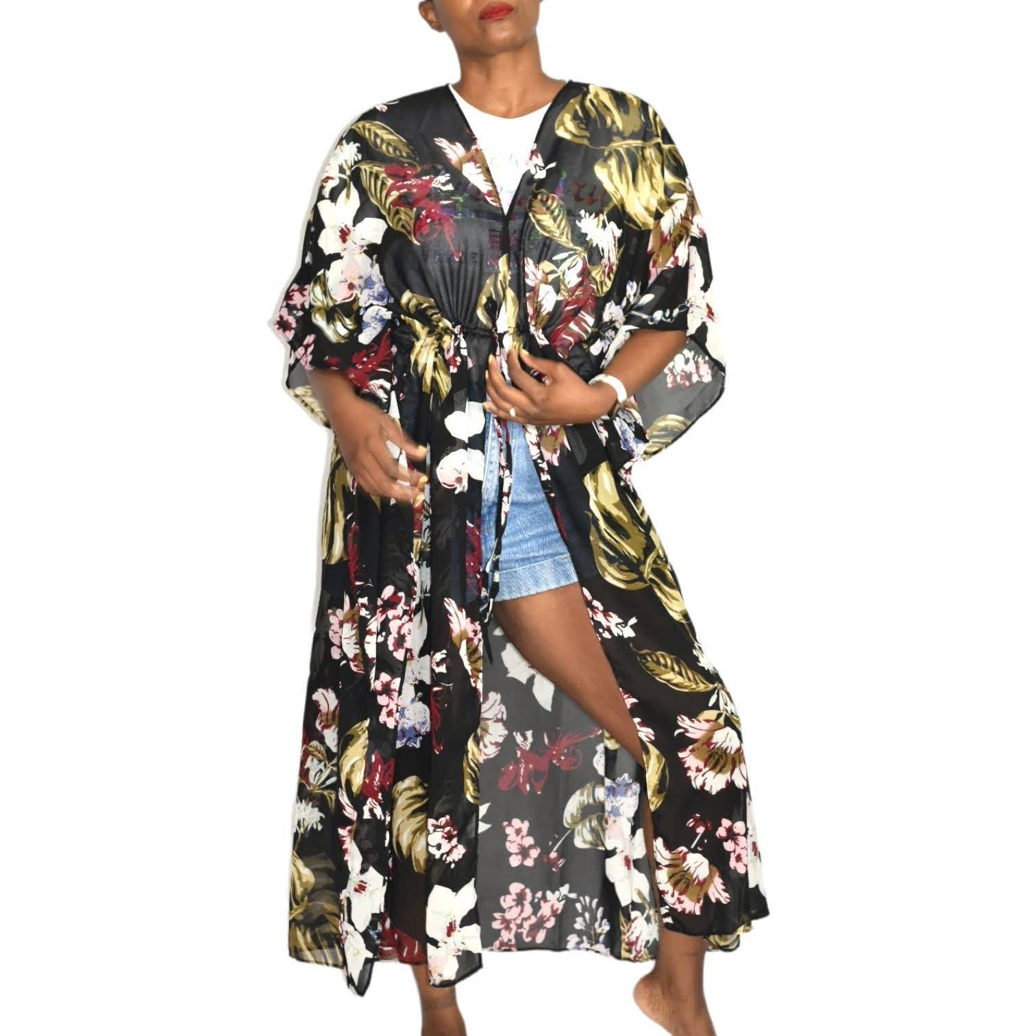 Walter Baker Floral Caftan Tulum Tropical Kimono Cover Up Kimono Sheer One Size