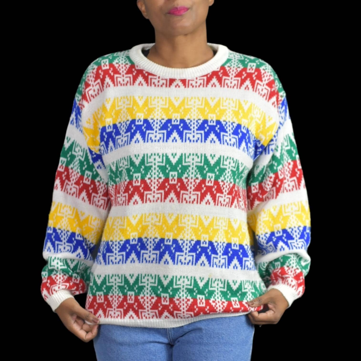 Vintage Transformer Sweater Pullover Colorful Fair Isle Rainbow Geometric Ski Crayon Primary Colors Size Large