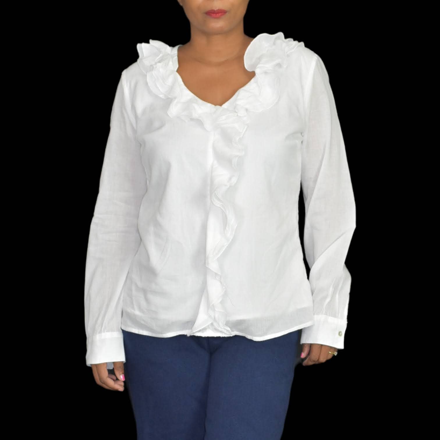 J Peterman White Ruffle Blouse Shirt Button Front Cotton Long Sleeve Size Small