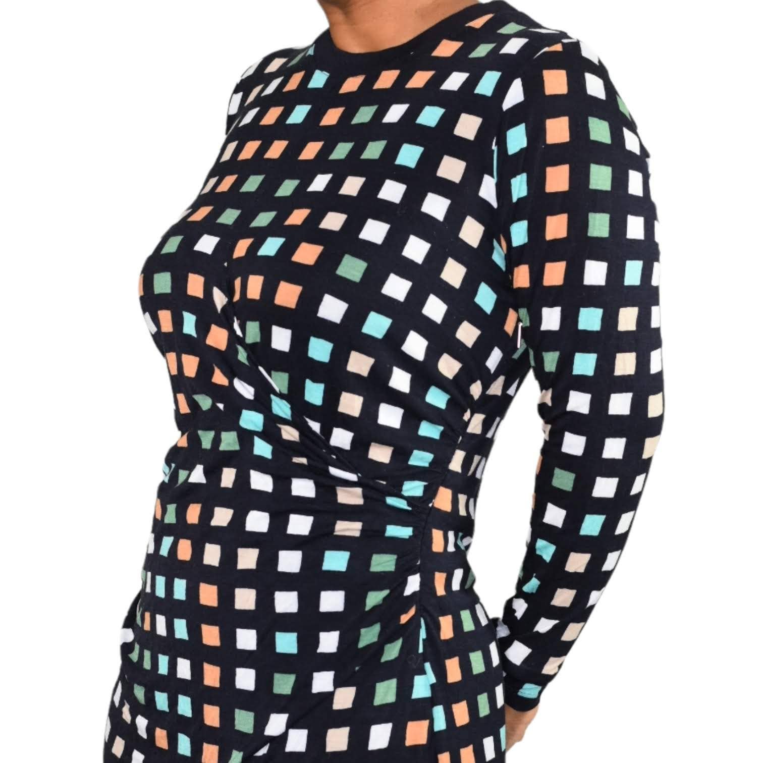 Boss Hugo Boss Esetta Ruched Dress Blue Checkered Geometric Square Print Size Medium