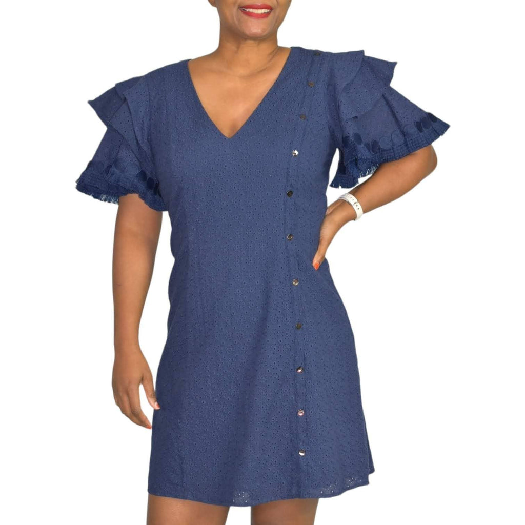 Belle Badgley Mischka Mini Dress Blue Navy Fringed Tiered Ruffle Sleeve Size 8