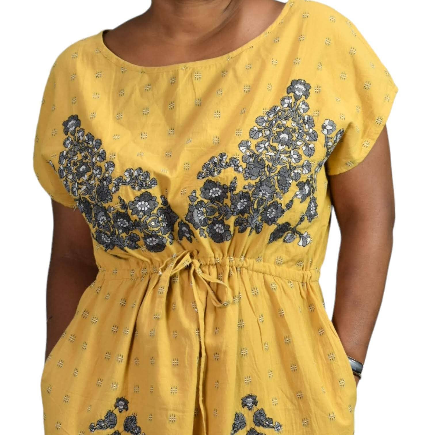 Sundance Felicity Dress Yellow Embroidered Sequin Midi Side Slit Pockets Size XL