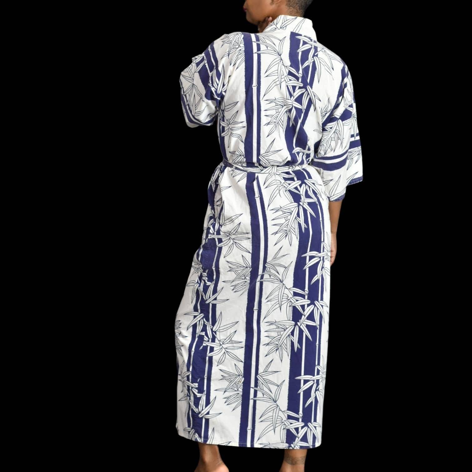 Vintage Japanese Kimono Robe Bamboo Stripe Print Epitome Wrap Cotton Yukata