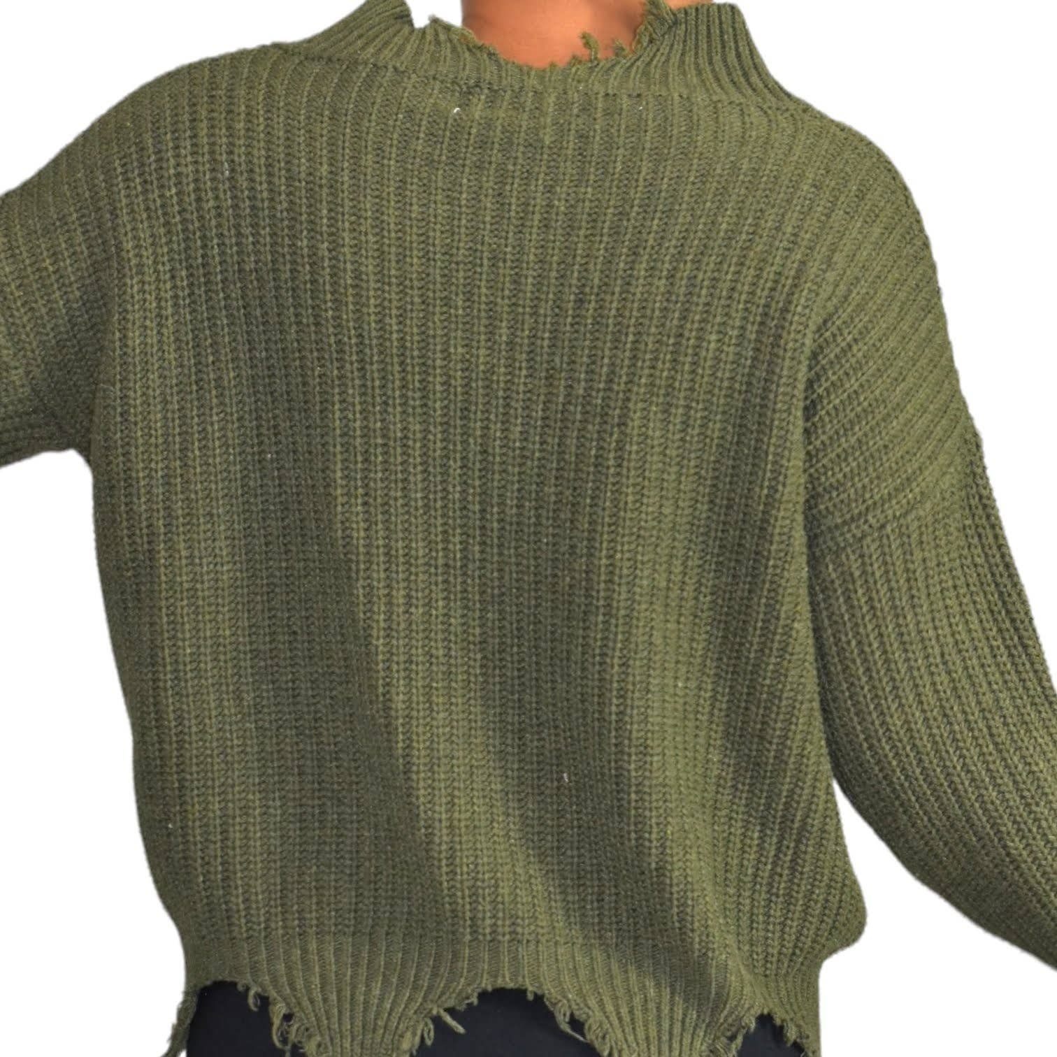 Seek the Label Distressed Sweater Olive Green Ribbed Knit Pullover Size Medium