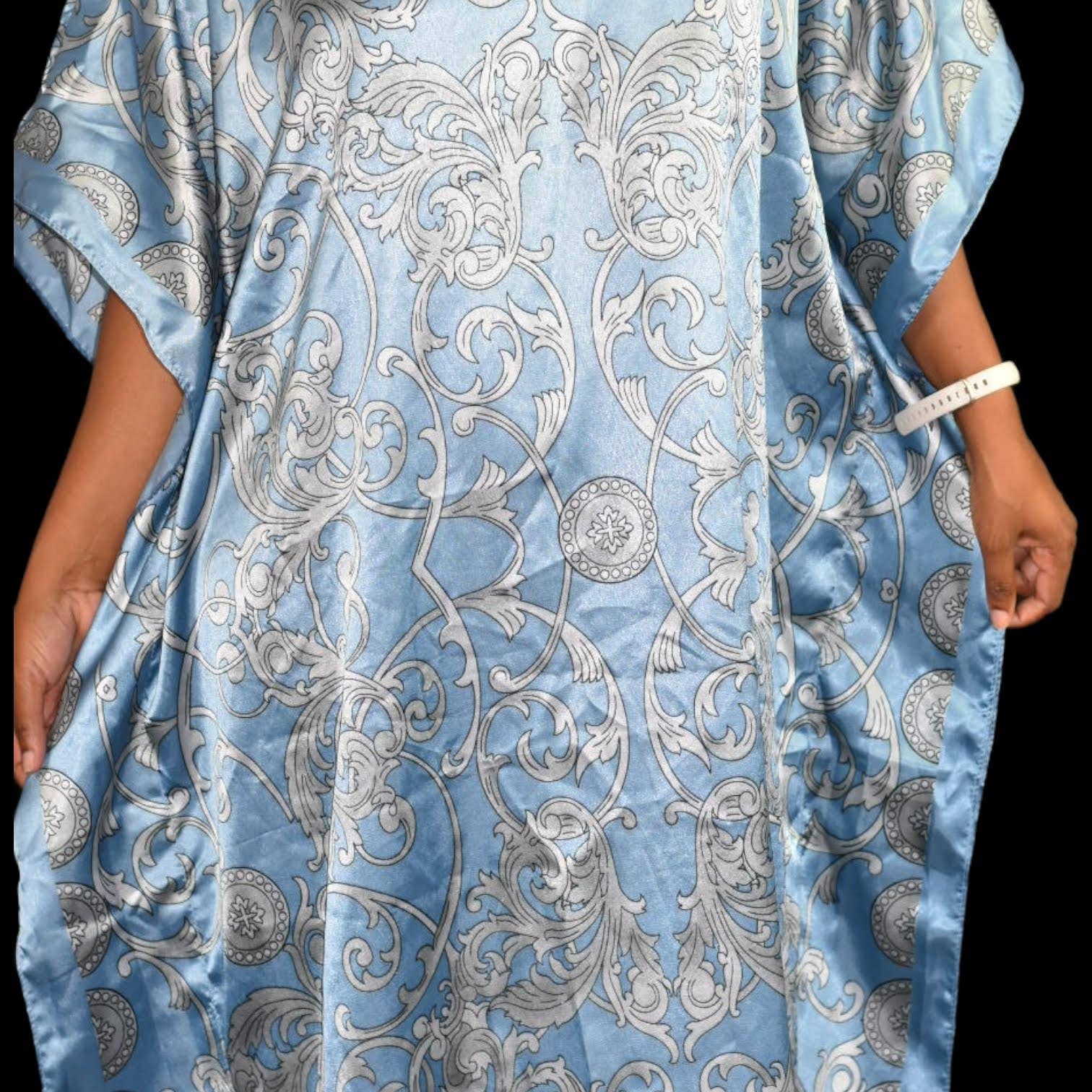 Midnight Velvet Caftan Dress Blue Silver Baroque Silky Muumuu One Size S M L