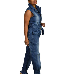 Rocawear Sleeveless Denim Utility Cargo Flight Jumpsuit Stretch Blue Jeans Y2K Size Large