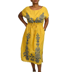 Sundance Felicity Dress Yellow Embroidered Sequin Midi Side Slit Pockets Size XL