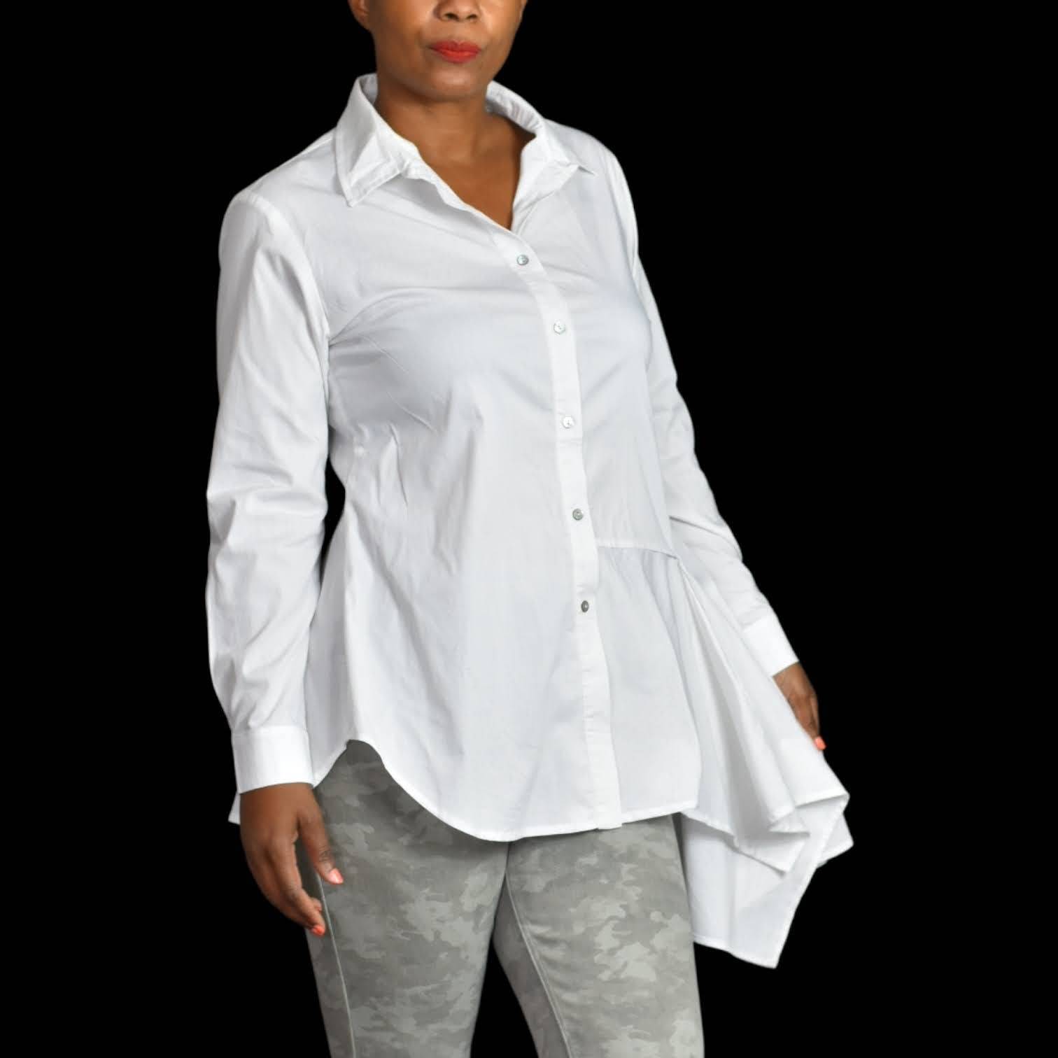 Comfy USA Asymmetrical White Shirt Lagenlook Button Front Draped Size Small