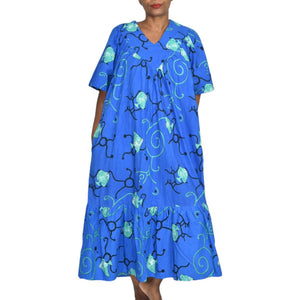 Vintage Patio Dress Housedress Midi Muumuu Blue Fish Print Tent Size Medium