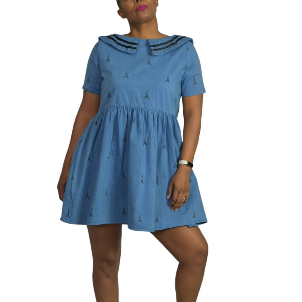 Pepaloves Sailor Mini Dress Gillian Eiffel Tower Blue Chambray Denim Size Small