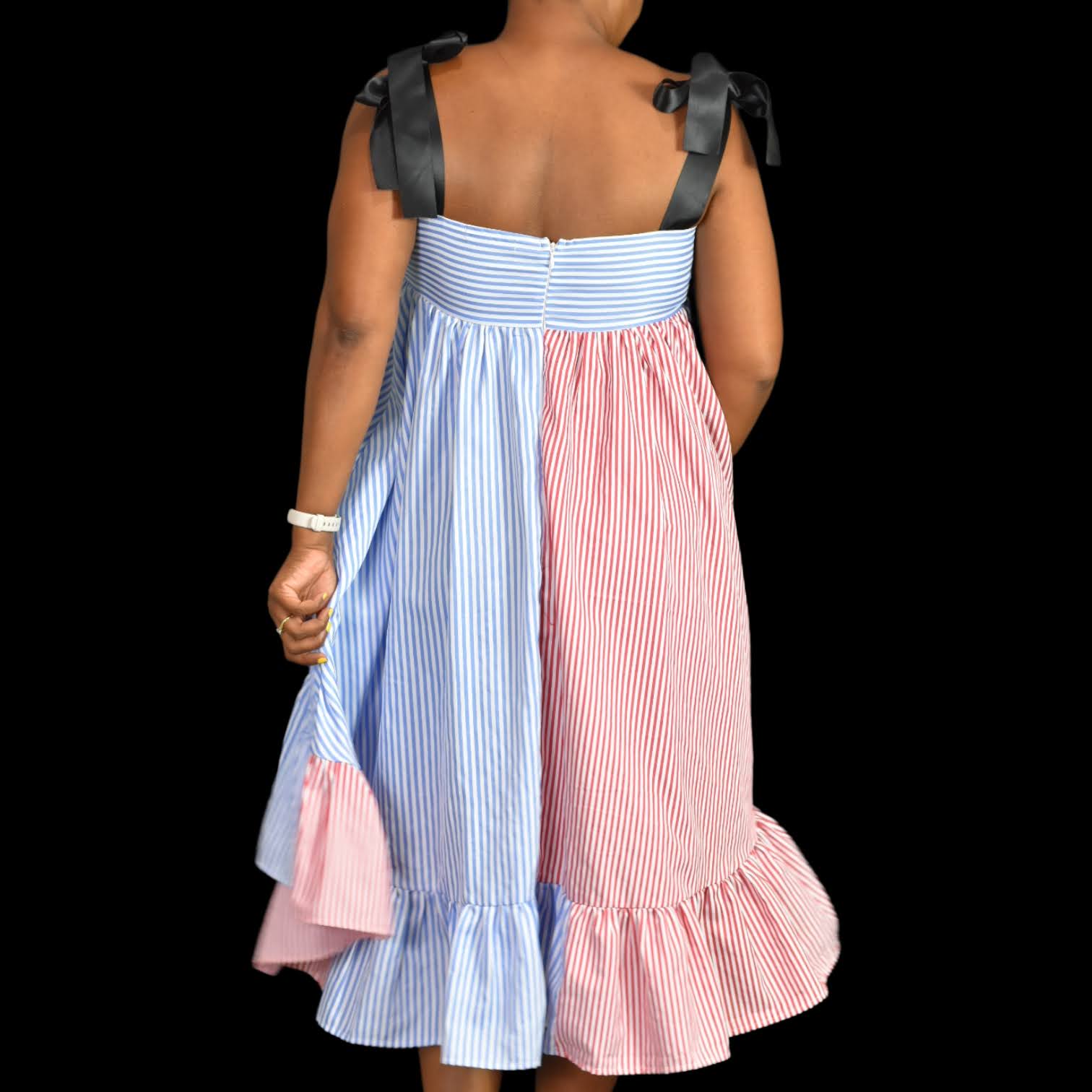 SHEIN Shoulder Tie Dress Colorblock Ruffle Tiered Dip Hem Sundress Size Medium