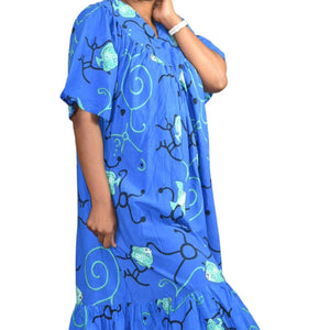 Vintage Patio Dress Housedress Midi Muumuu Blue Fish Print Tent Size Medium