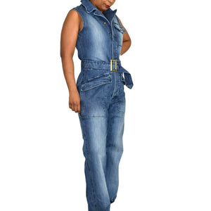 Rocawear Sleeveless Denim Utility Cargo Flight Jumpsuit Stretch Blue Jeans Y2K Size Large