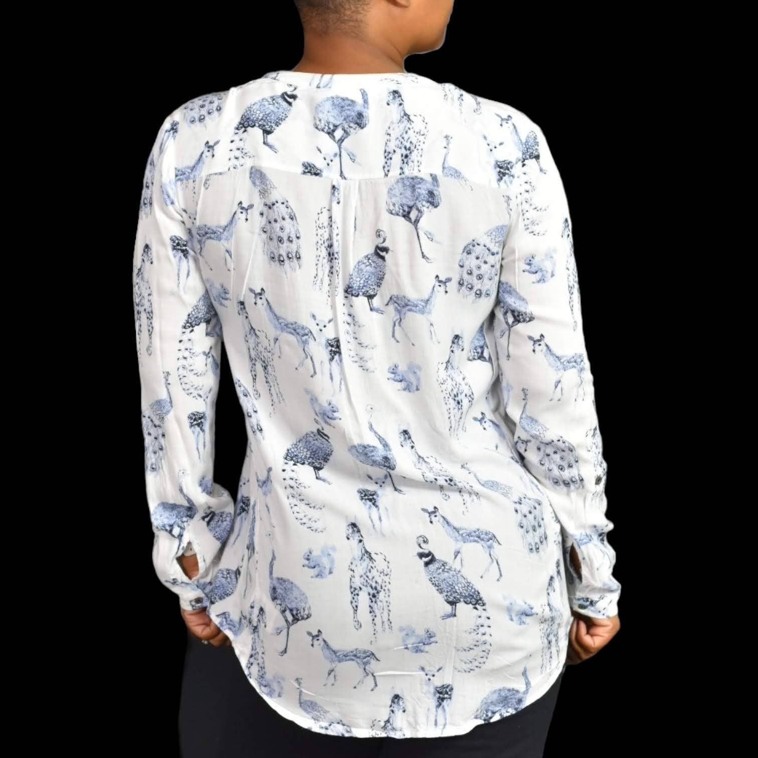 Maeve Wildlife Blouse Fauna Woodland Watercolor Peacock Blue Anthropologie Small