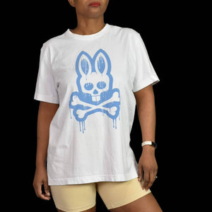 Psycho Bunny Tee Shirt Dripping Graphic White Blue Crew Neck Short Sleeve Size Small Mens