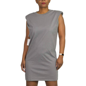 Babaton Shoulder Pad Dress Pewter Grey Crew Neck Mini Boxy Waif T-Shirt Size XXS