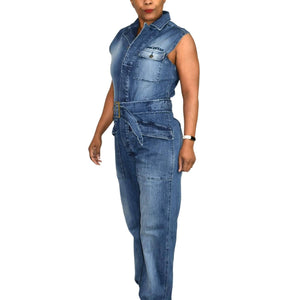 Rocawear Sleeveless Denim Utility Cargo Flight Jumpsuit Stretch Blue Jeans Y2K Size Large