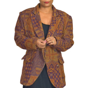 Vintage Papell Blazer Jacket Brown Double Breasted Oversized Printed Size Medium