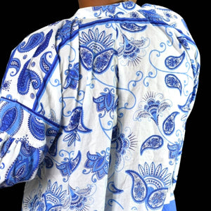 Ros Garden Jackson Top Blue Tunic Shirt Block Paisley Print Long Sleeve Size Small